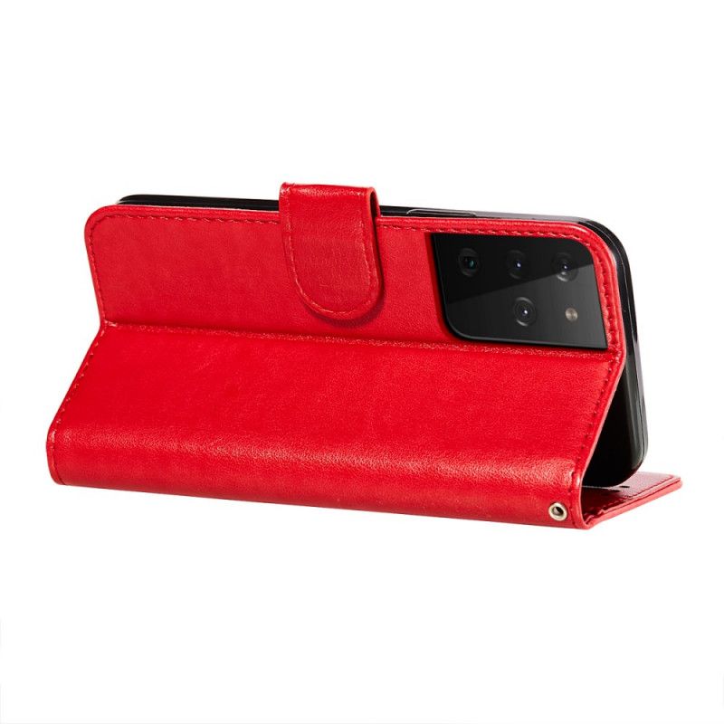 Leren Hoesje voor Samsung Galaxy S21 Ultra 5G Rood Zwart Design Bliksemleder Effect