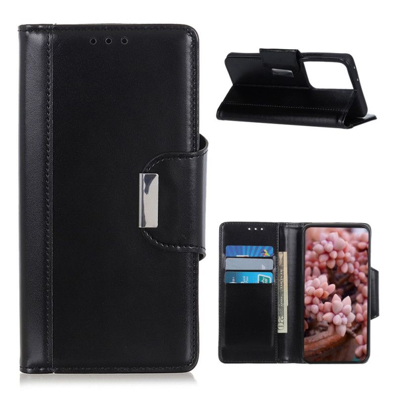 Leren Hoesje voor Samsung Galaxy S21 Ultra 5G Rood Zwart Kunstleer Zilveren Sluiting
