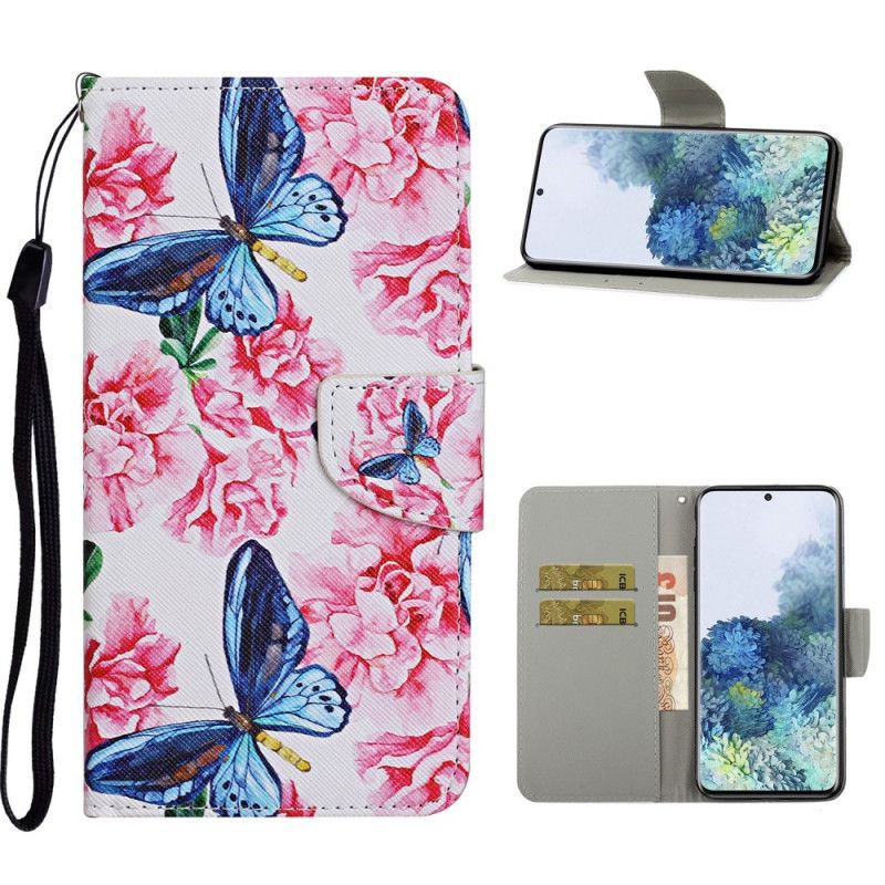 Leren Hoesje voor Samsung Galaxy S21 Ultra 5G Roze Magenta String Bloemenvlinders