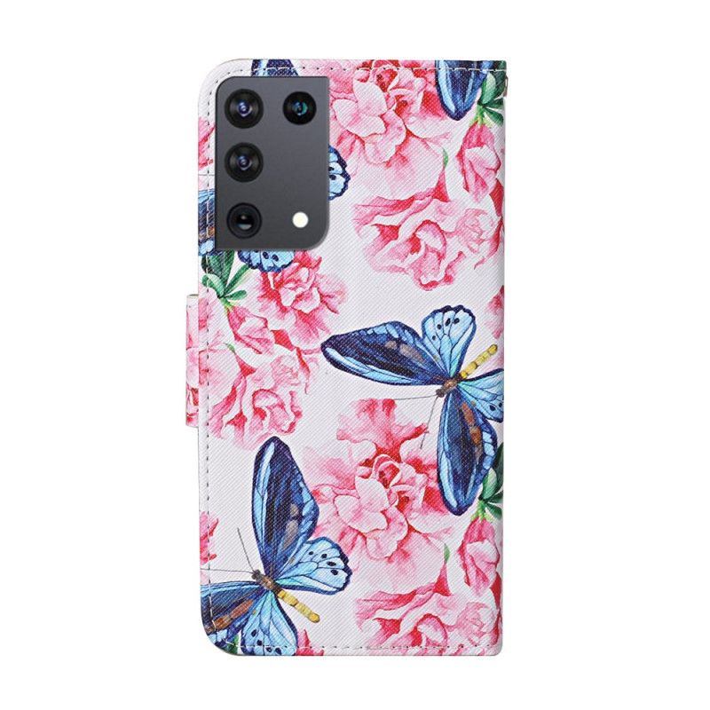 Leren Hoesje voor Samsung Galaxy S21 Ultra 5G Roze Magenta String Bloemenvlinders