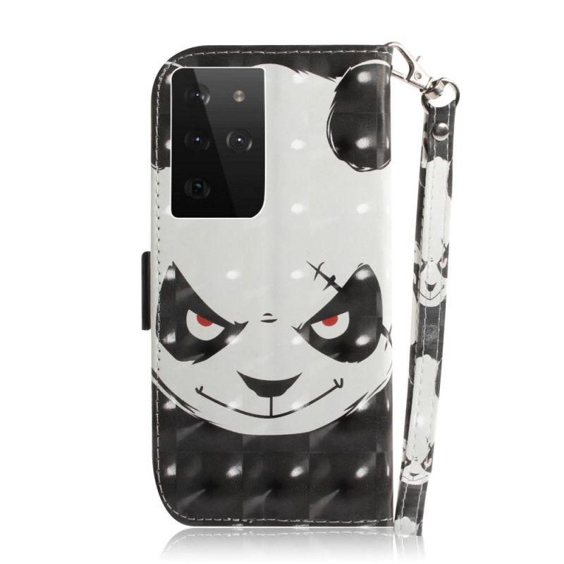 Leren Hoesje voor Samsung Galaxy S21 Ultra 5G Roze Zwart Panda Met String