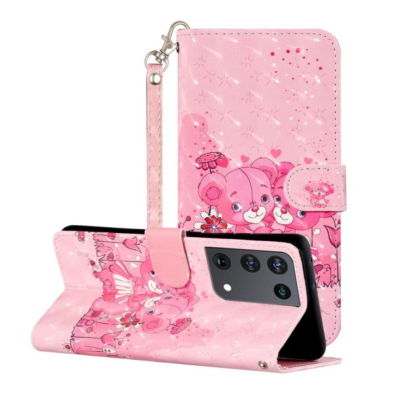 Leren Hoesje voor Samsung Galaxy S21 Ultra 5G Teddyberen Lichtvlekjes Met Riempje