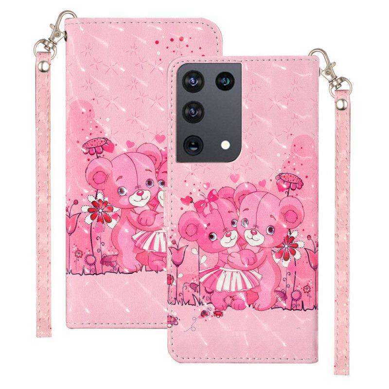 Leren Hoesje voor Samsung Galaxy S21 Ultra 5G Teddyberen Lichtvlekjes Met Riempje