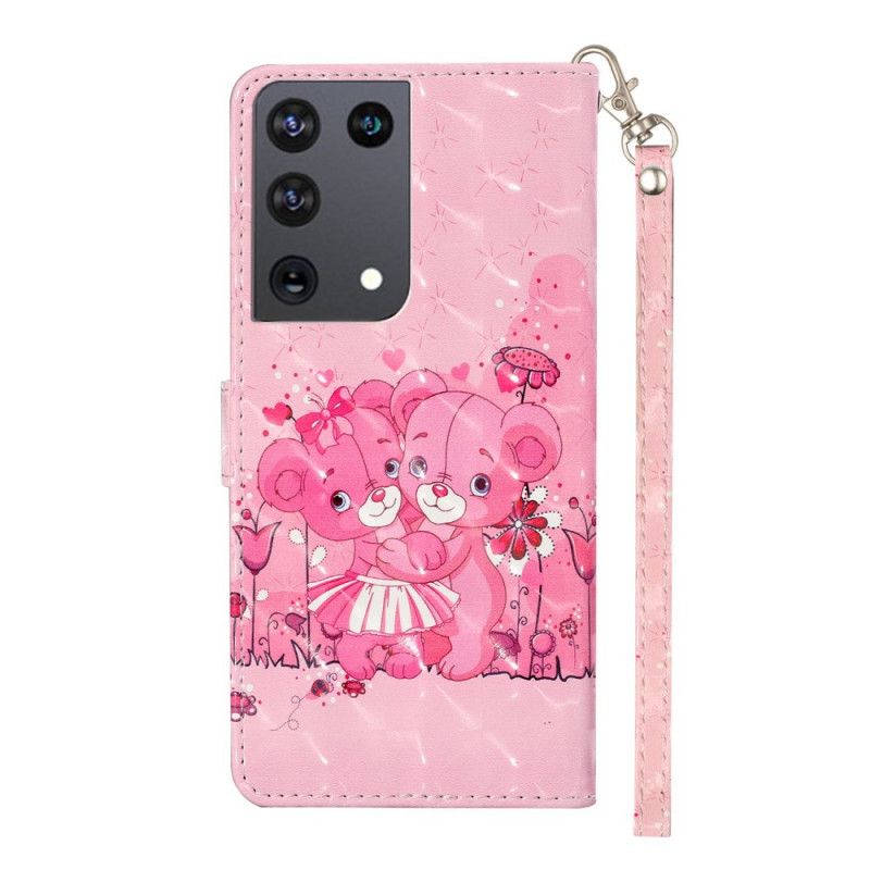 Leren Hoesje voor Samsung Galaxy S21 Ultra 5G Teddyberen Lichtvlekjes Met Riempje