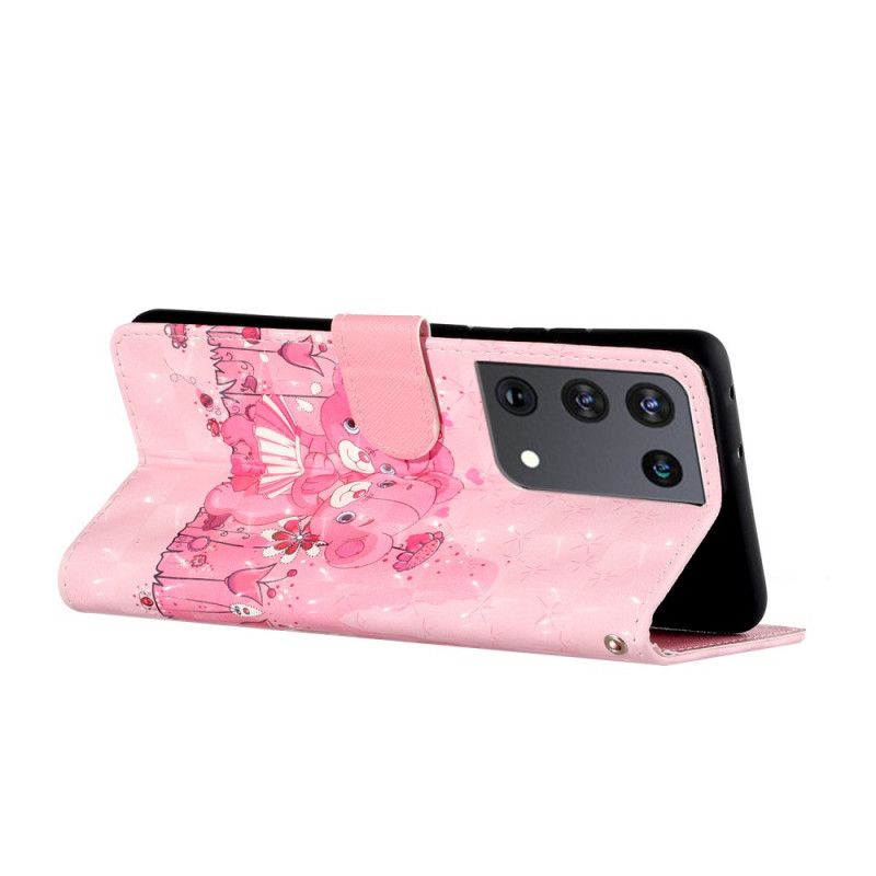 Leren Hoesje voor Samsung Galaxy S21 Ultra 5G Teddyberen Lichtvlekjes Met Riempje