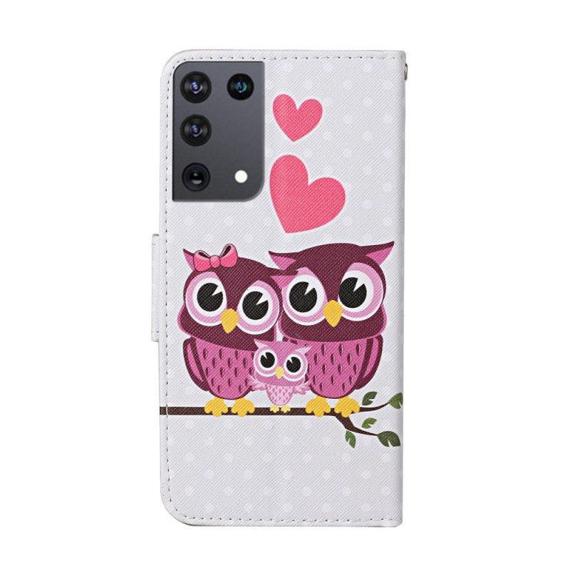 Leren Hoesje voor Samsung Galaxy S21 Ultra 5G Uilenfamilie Met String