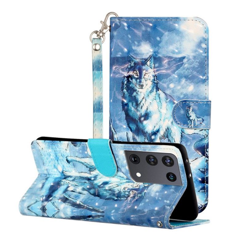 Leren Hoesje voor Samsung Galaxy S21 Ultra 5G Wolfslampjes Met Riempje
