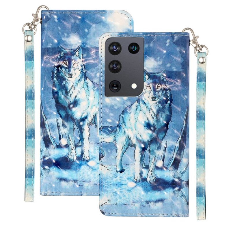 Leren Hoesje voor Samsung Galaxy S21 Ultra 5G Wolfslampjes Met Riempje
