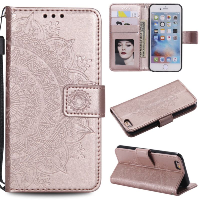 Leren Hoesje iPhone 6 / 6S Magenta Grijs Zon Mandala