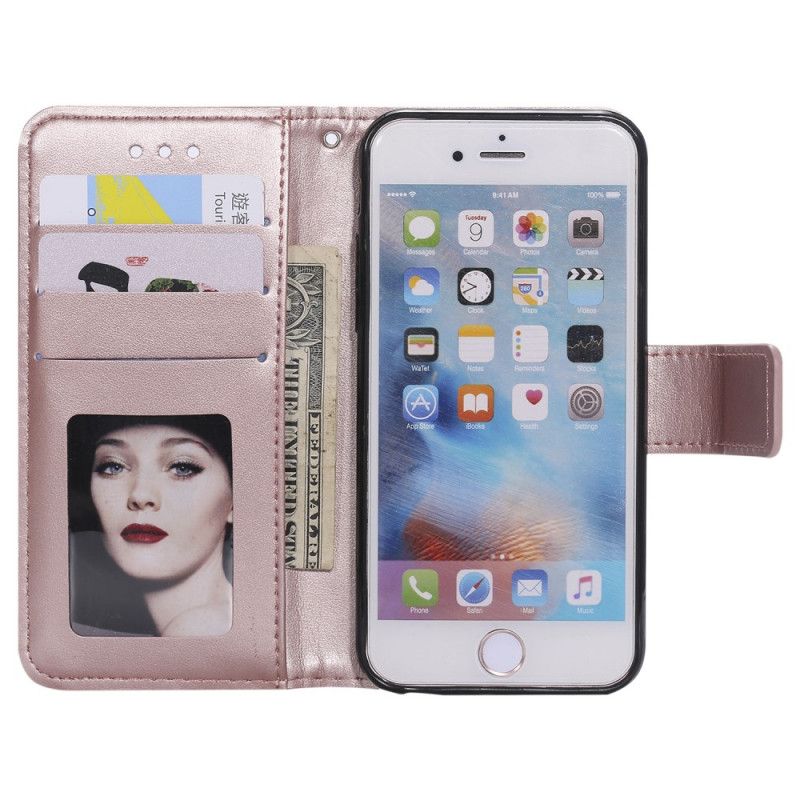 Leren Hoesje iPhone 6 / 6S Magenta Grijs Zon Mandala