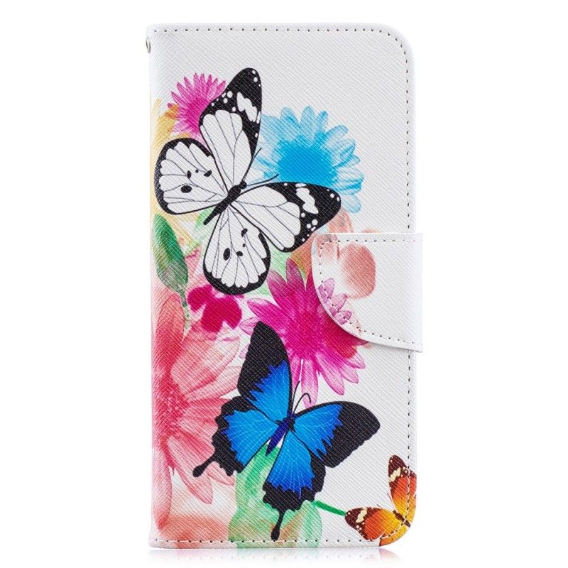 Bescherming Hoesje Huawei Y6 2019 Lichtblauw Magenta Geschilderde Vlinders En Bloemen