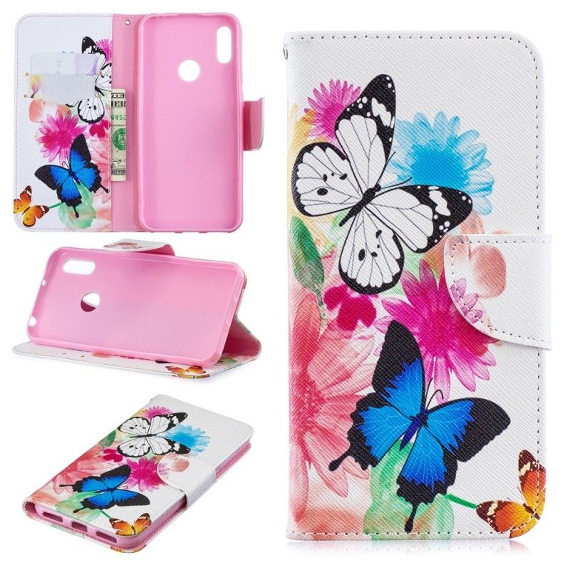 Bescherming Hoesje Huawei Y6 2019 Lichtblauw Magenta Geschilderde Vlinders En Bloemen