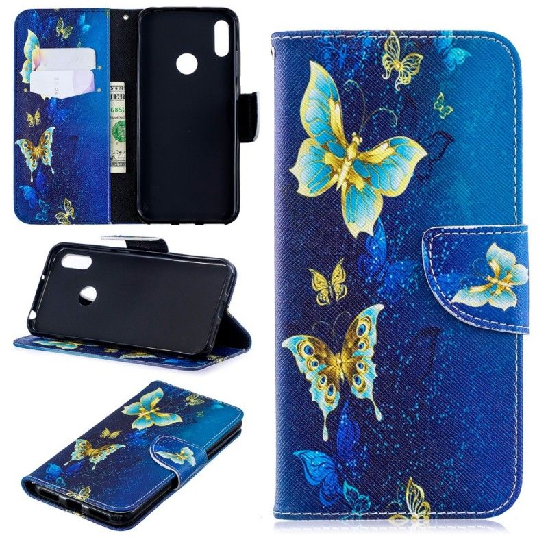 Flip Case Leren Huawei Y6 2019 Lichtblauw Magenta Vlinders In De Nacht