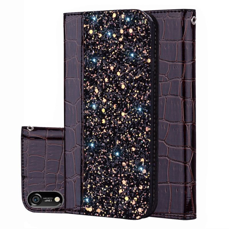 Folio-hoesje Huawei Y6 2019 Zwart Krokodillenleer En Pailletten