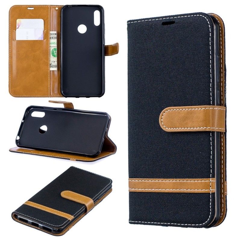 Leren Hoesje Huawei Y6 2019 Grijs Zwart Stof En Leereffect Met String