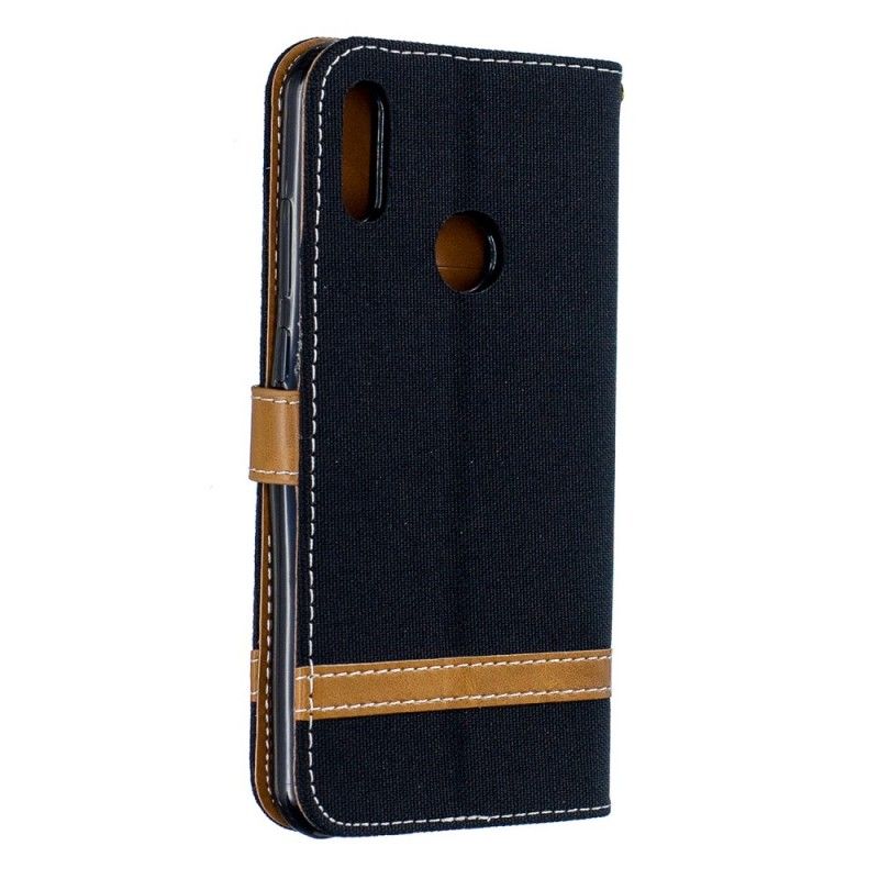 Leren Hoesje Huawei Y6 2019 Grijs Zwart Stof En Leereffect Met String