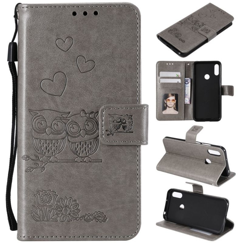 Leren Hoesje Huawei Y6 2019 Magenta Grijs Uilen Verliefd Op String