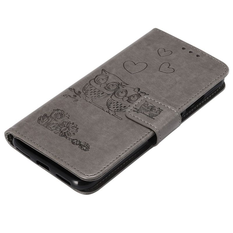 Leren Hoesje Huawei Y6 2019 Magenta Grijs Uilen Verliefd Op String