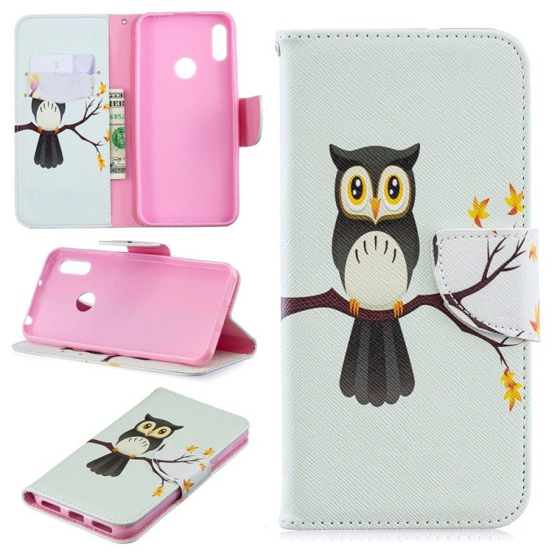 Leren Hoesje Huawei Y6 2019 Telefoonhoesje Uil Neergestreken Op De Tak