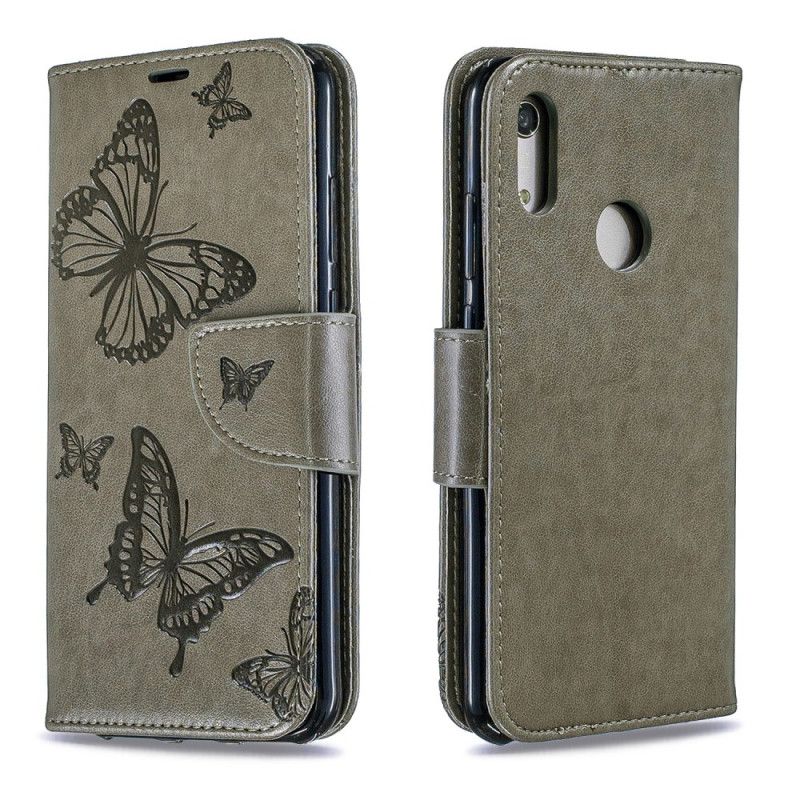 Leren Hoesje voor Huawei Y6 2019 Magenta Grijs Vlinders En Schuine Flap