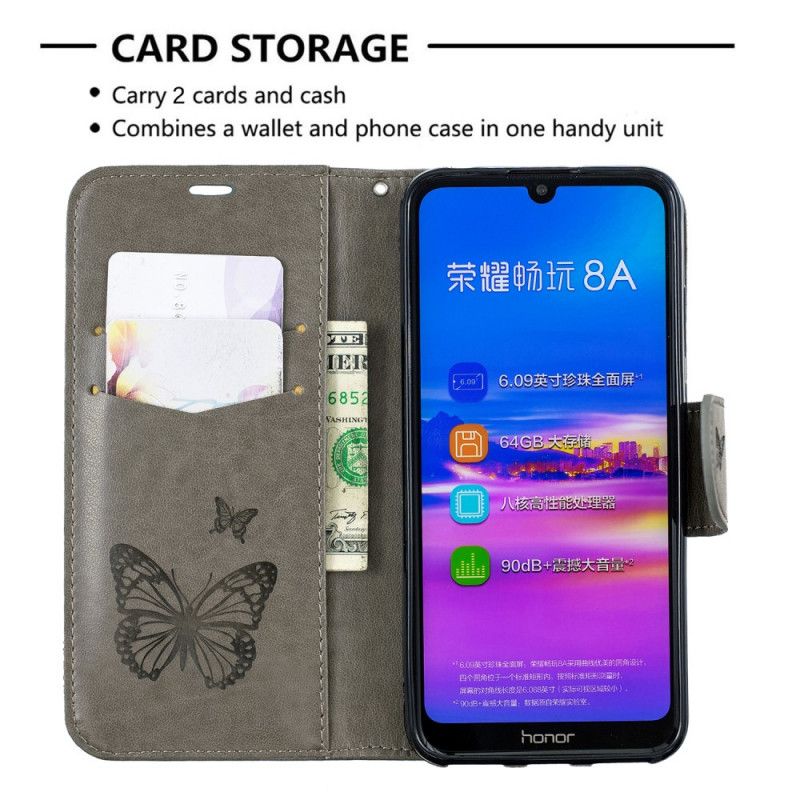 Leren Hoesje voor Huawei Y6 2019 Magenta Grijs Vlinders En Schuine Flap