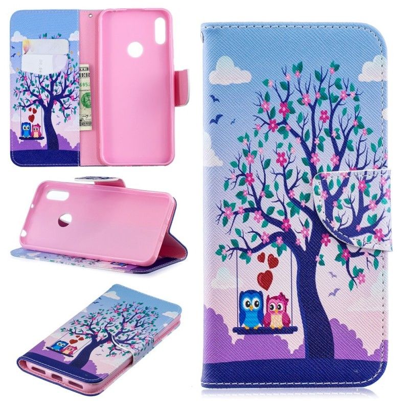 Leren Hoesje voor Huawei Y6 2019 Uilen Op De Schommel