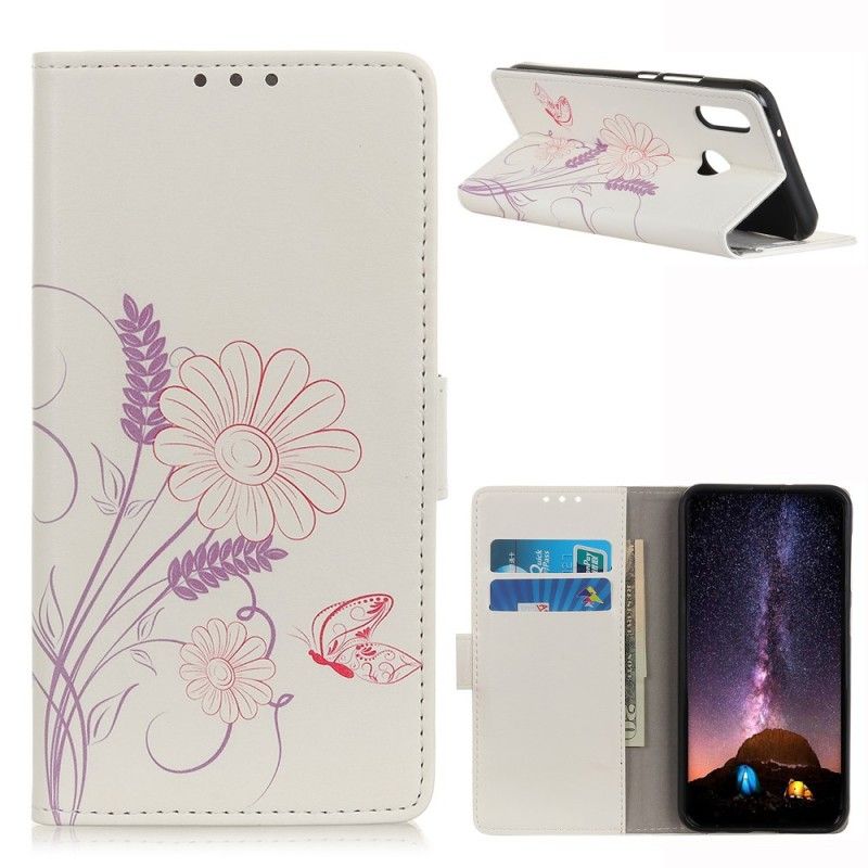 Leren Hoesje voor Huawei Y6 2019 Vlinders En Bloemen Tekenen