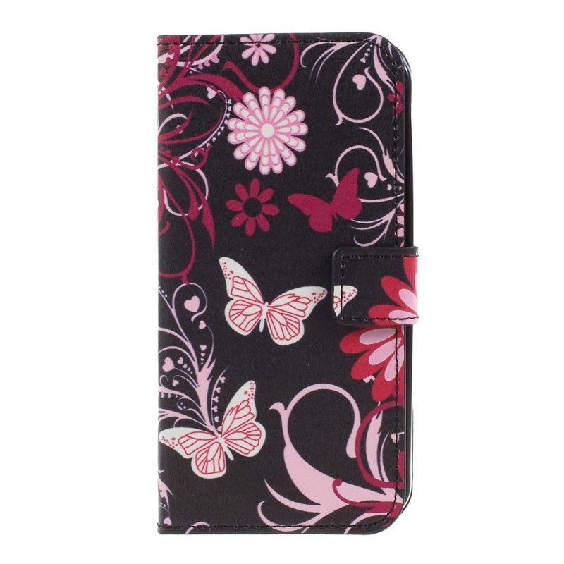 Leren Hoesje voor Samsung Galaxy XCover 4S / 4 Zwart Vlinders En Bloemen