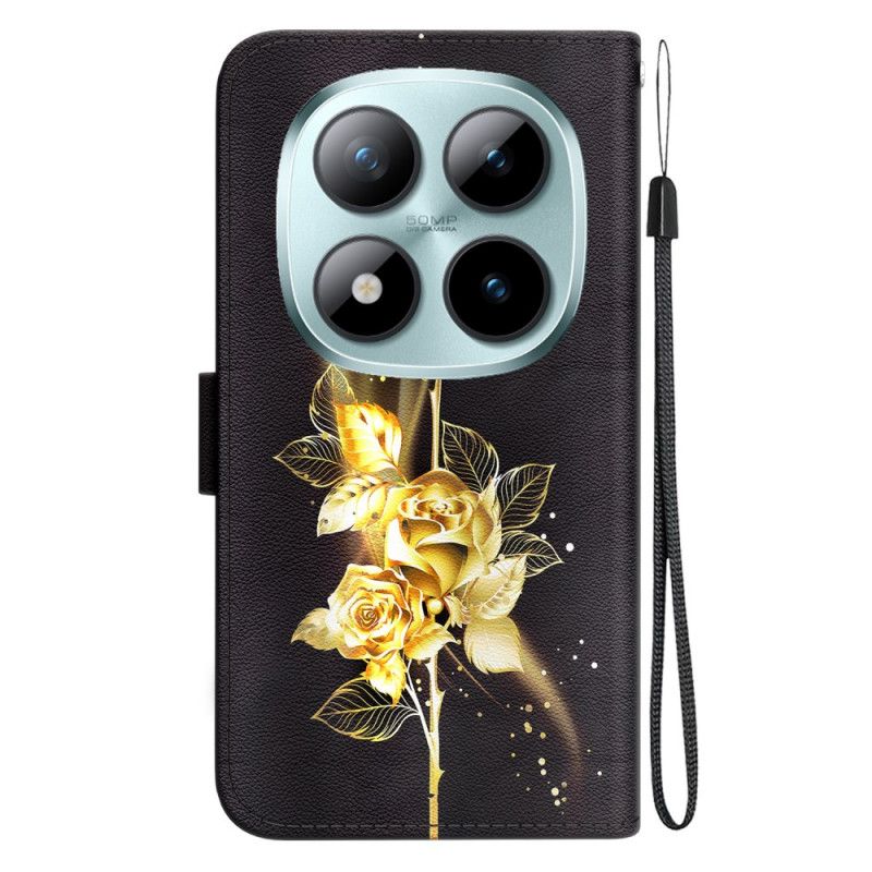 Leren Hoesje Voor Xiaomi Redmi Note 15 Pro 5g Gouden Vlinder En Rozen