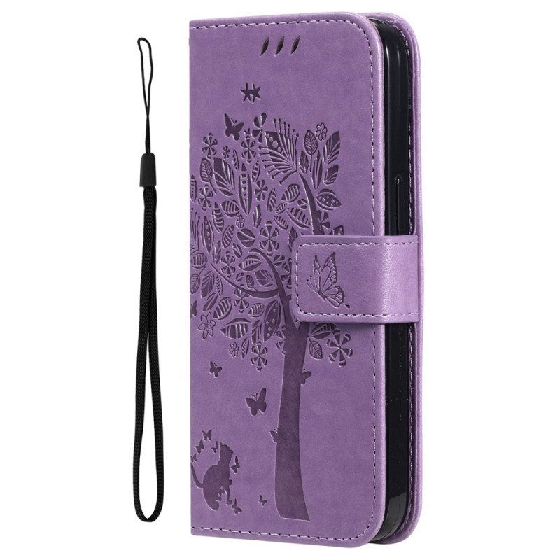 Flip Case voor Honor Magic 5 Lite Met Ketting Boom En Strappy Cat