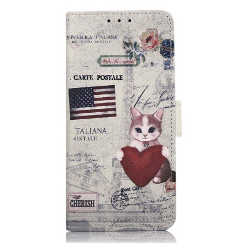 Leren Hoesje voor Samsung Galaxy A14 / A14 5G Reiziger Kat