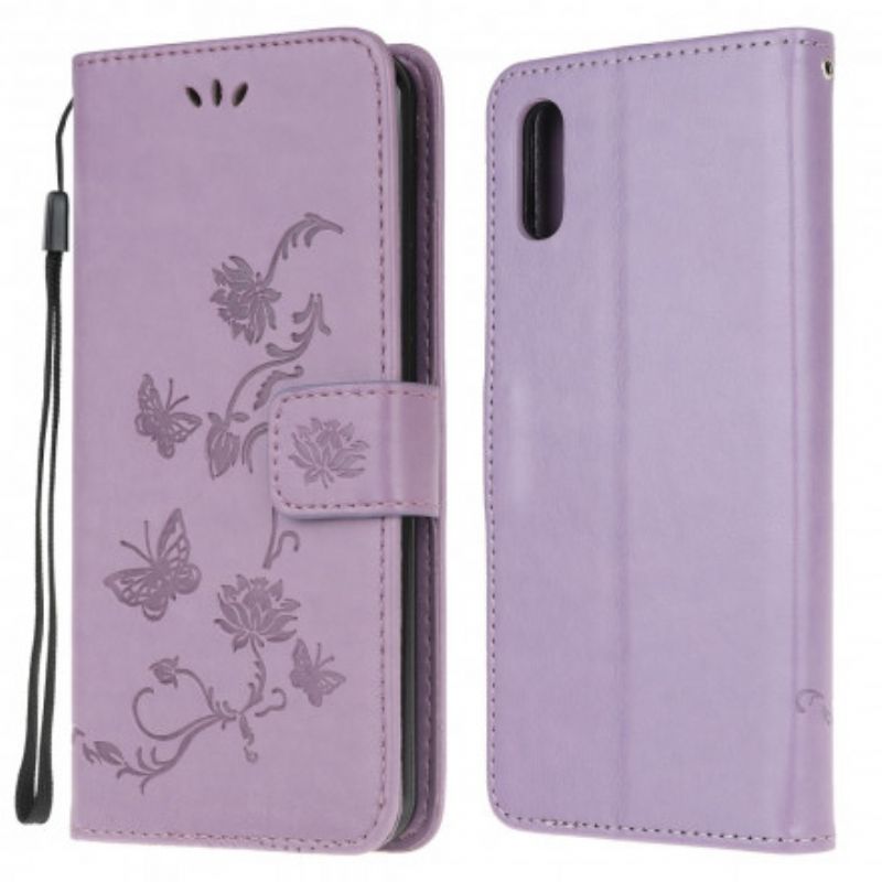 Flip Case Leren Samsung Galaxy Xcover 5 Vlinders En Bloemen Strappy