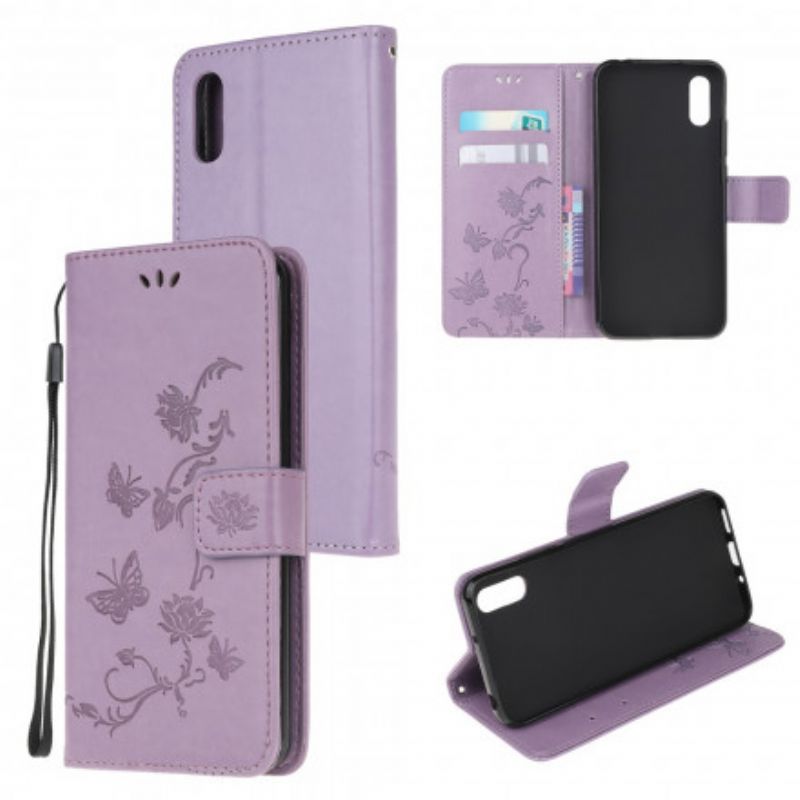 Flip Case Leren Samsung Galaxy Xcover 5 Vlinders En Bloemen Strappy