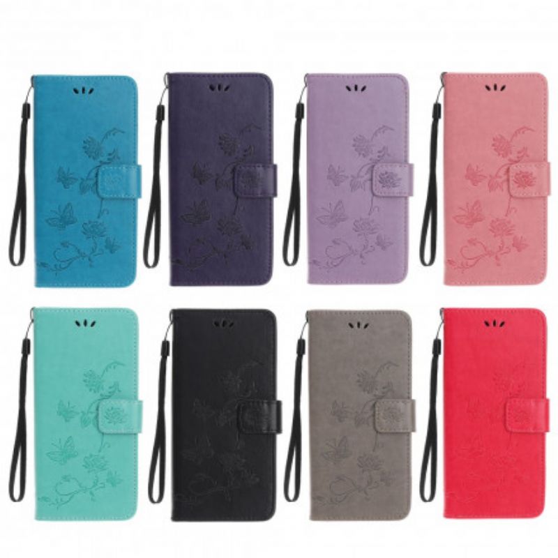 Flip Case Leren Samsung Galaxy Xcover 5 Vlinders En Bloemen Strappy