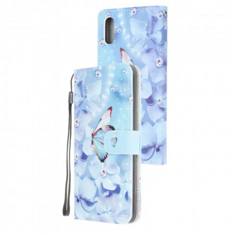 Leren Hoesje Samsung Galaxy Xcover 5 Vlinders Met Diamanten Bandjes Bescherming Hoesje