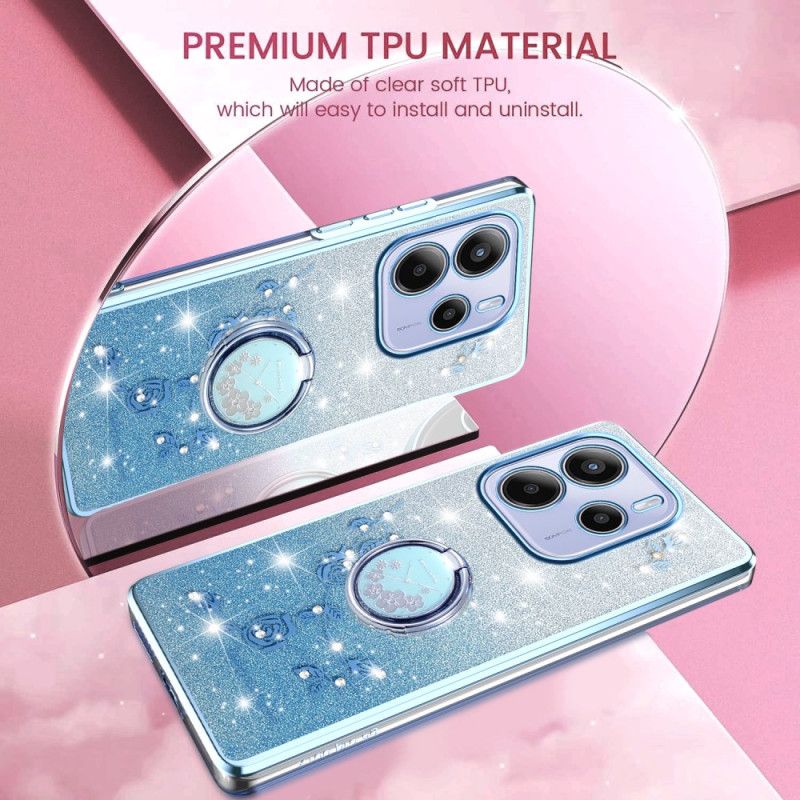 Hoesje Voor Xiaomi Redmi Note 14 4g Ringhouder Met Strass-steentjes En Bloemen