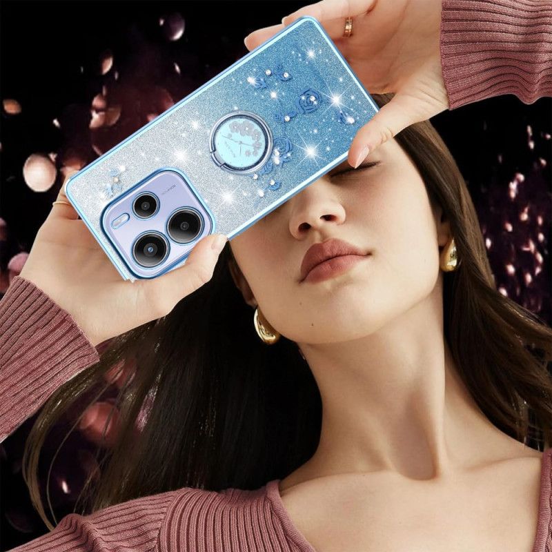 Hoesje Voor Xiaomi Redmi Note 14 4g Ringhouder Met Strass-steentjes En Bloemen