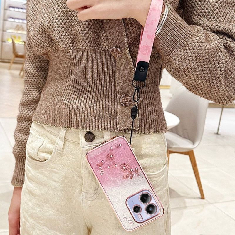 Hoesje Voor Xiaomi Redmi Note 14 4g Strass-steentjes En Bloemen Met Koord