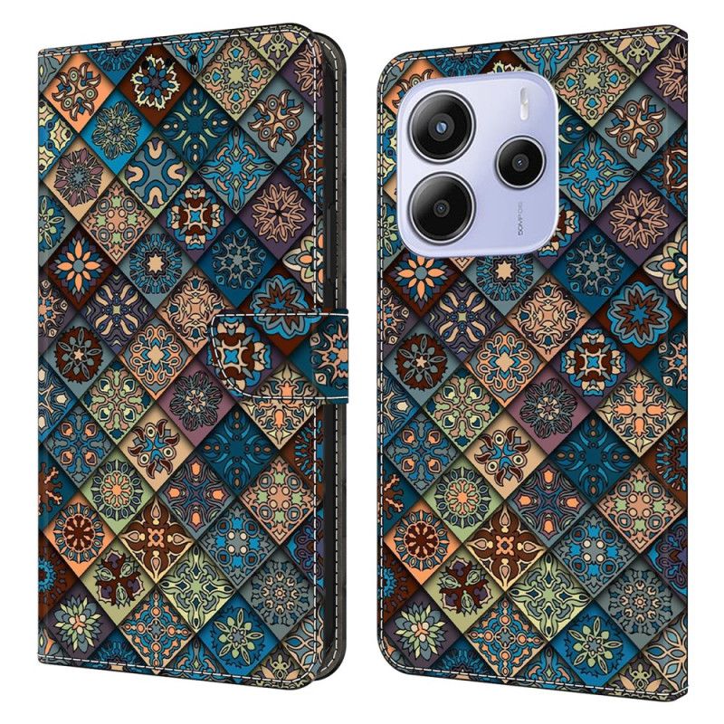 Leren Hoesje Voor Xiaomi Redmi Note 14 4g Blauw Bloemenpatroon