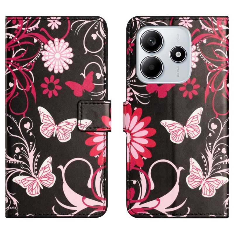 Leren Hoesje Voor Xiaomi Redmi Note 14 4g Vlinders Op Een Zwarte Achtergrond