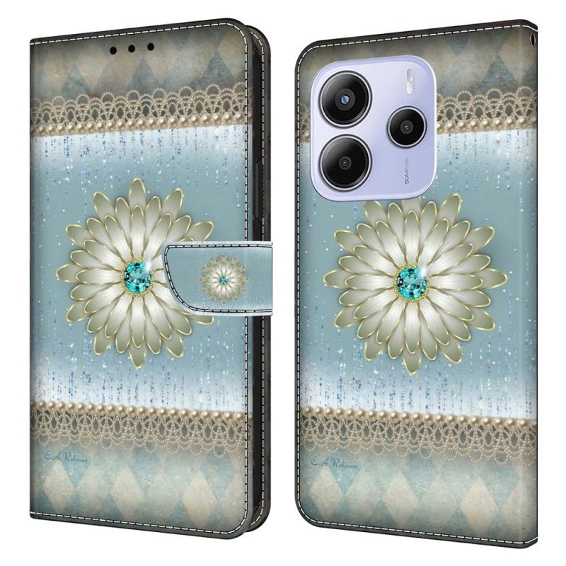 Leren Hoesje Xiaomi Redmi Note 14 4g Bloem En Blauwe Diamant Bescherming Hoesje