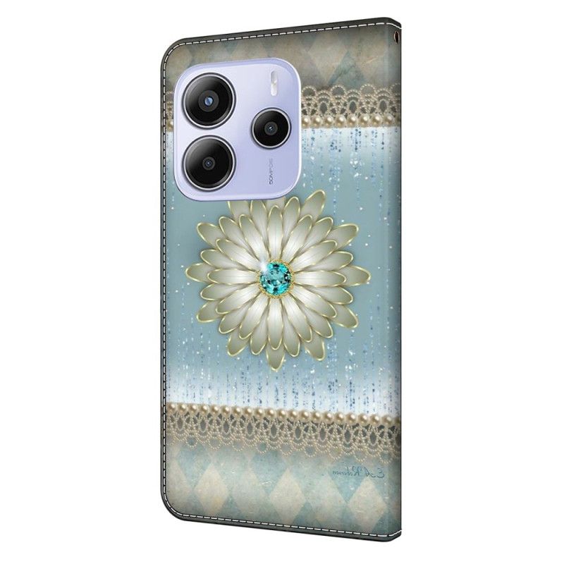 Leren Hoesje Xiaomi Redmi Note 14 4g Bloem En Blauwe Diamant Bescherming Hoesje