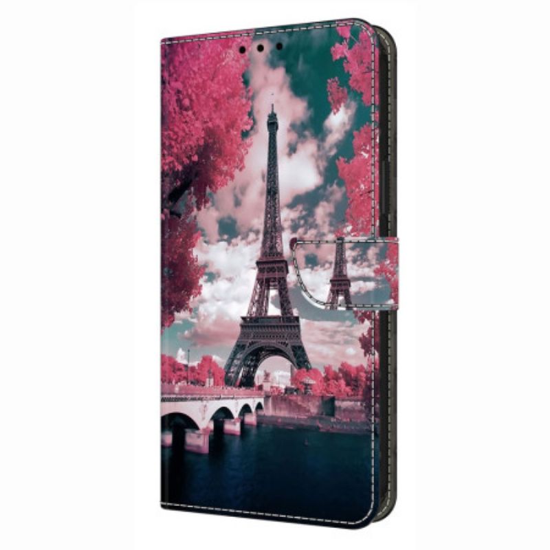 Leren Hoesje Xiaomi Redmi Note 14 4g Eiffeltoren Met Bloemen Bescherming Hoesje