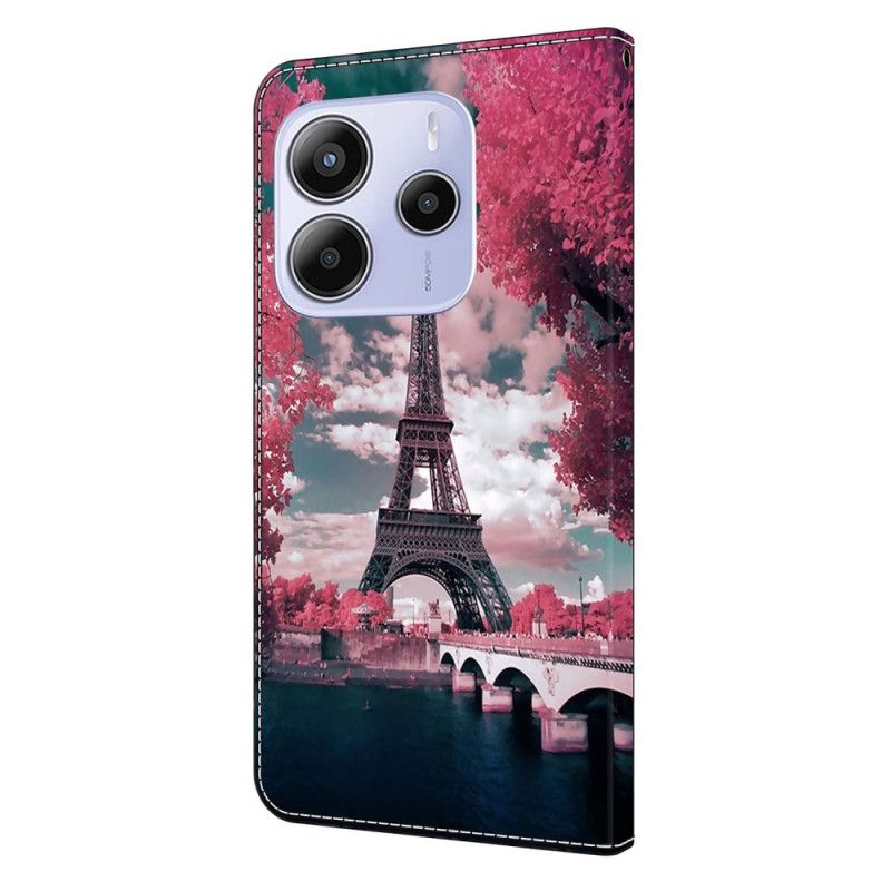 Leren Hoesje Xiaomi Redmi Note 14 4g Eiffeltoren Met Bloemen Bescherming Hoesje