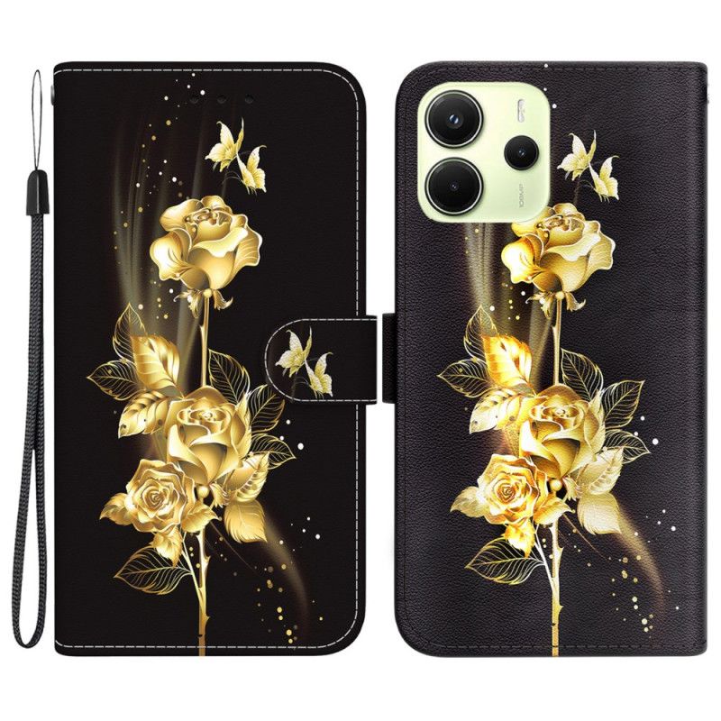 Leren Hoesje Xiaomi Redmi Note 14 4g Gouden En Roze Vlinders Bescherming Hoesje