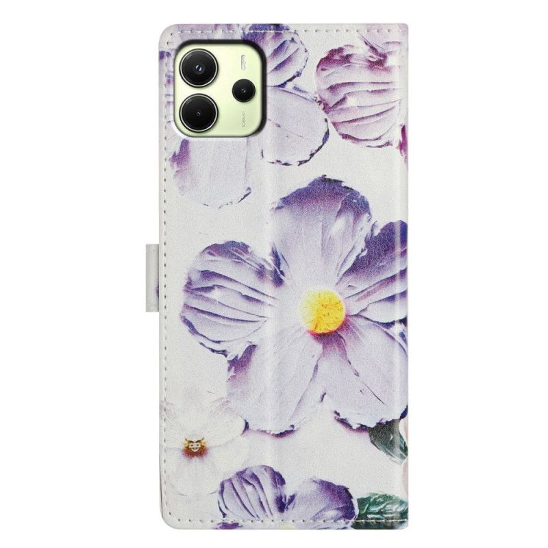 Leren Hoesje Xiaomi Redmi Note 14 4g Paarse En Witte Bloemen