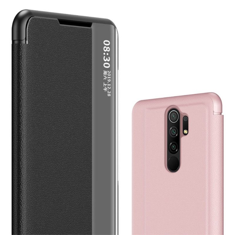 Bekijk Omslag Xiaomi Redmi 9 Rood Zwart Kunstleer Met Textuur