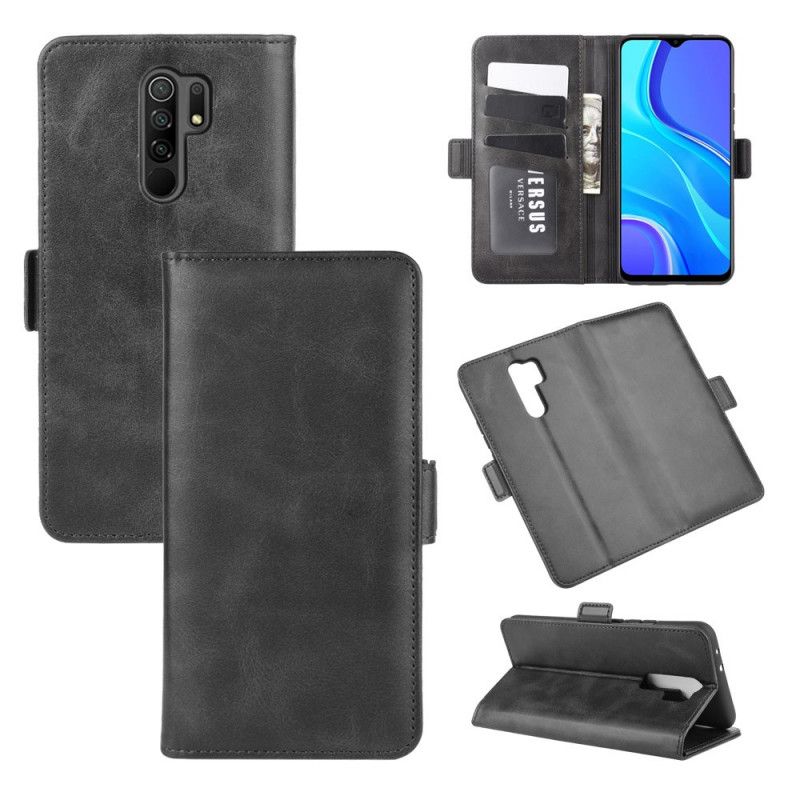 Leren Hoesje voor Xiaomi Redmi 9 Rood Zwart Dubbele Klep