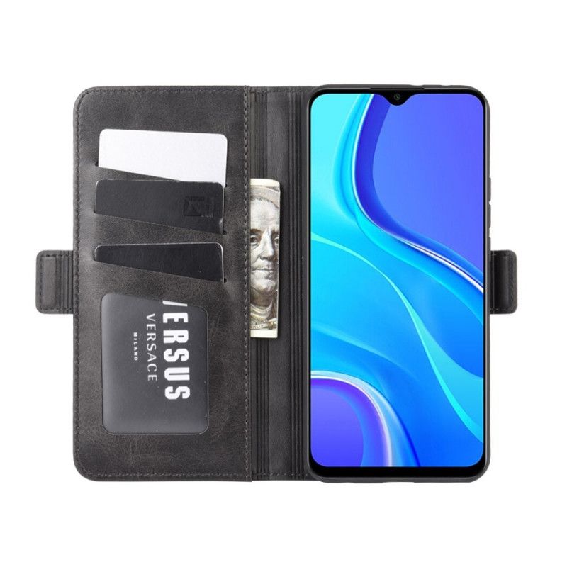 Leren Hoesje voor Xiaomi Redmi 9 Rood Zwart Dubbele Klep