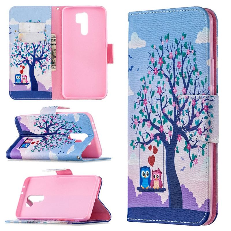 Leren Hoesje voor Xiaomi Redmi 9 Uilen Op De Schommel